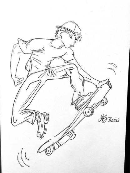 A line drawing of a young boy shredding on a skateboard by performing a jump trick.