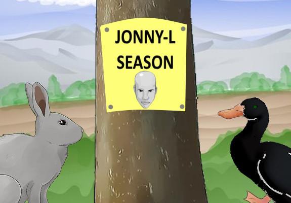 In the wilderness, a rabbit and duck look at a yellow notice on a tree. It reads "JONNY-L SEASON", with the face of a handsome, wise bald man (strangely reminiscent of Jon Lindemann) underneath it.