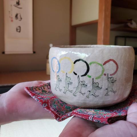 One of my favourite tea bowls. Purchased for the Tokyo Olympics it depicts mice holding the Olympic rings. The pandemic delayed the Olympics, so in the end it didn't take place in the Year of the Rat.