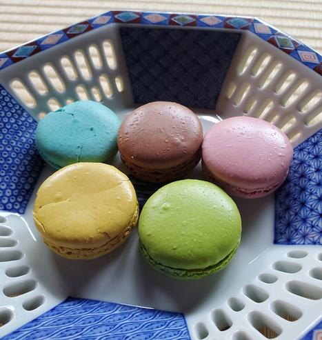 Colourful macarons hinting at the Olympic rings.