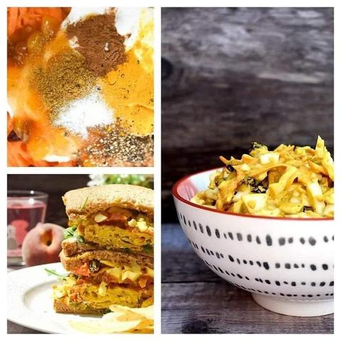 Spices for Coronation Coleslaw, slaw in a bowl and in a sandwich.