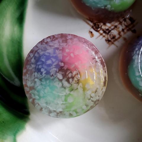 A firework inspired sweet with colourful balls of bean paste suspended in jelly.