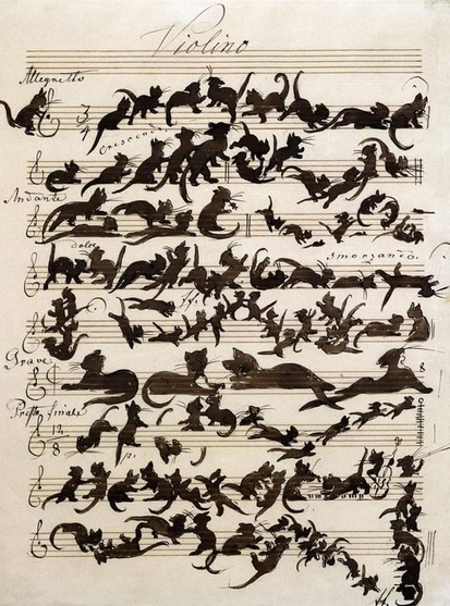 An artistic and humorous piece of sheet music titled "Violino." Instead of musical notes, the staff lines are filled with black silhouettes of cats in various playful and dynamic poses. The position and shape of the cats correspond to the notes of a musical composition.
