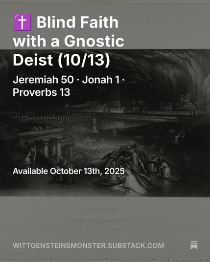 Promotional image for the Substack essay Blind Faith with a Gnostic Deist (10/13). The background is John Martin’s dramatic black-and-white engraving The Fall of Babylon, showing storm clouds and collapsing towers as people flee in anguish. Overlaid text lists Jeremiah 50, Jonah 1, and Proverbs 13, with the release date October 13th, 2025, and the site address wittgensteinsmonster.substack.com.