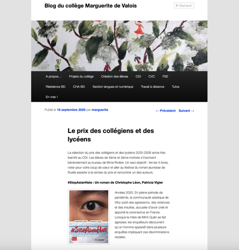 page du blog du cdi de collège Marguerite de Valois présentant le lancement du prix littéraire des lycéens et collégiens de la Charente.