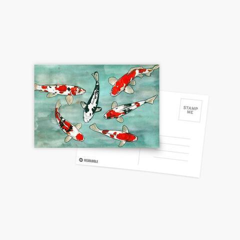 Impression sur carte postale d'une aquarelle intitulée "Le ballet des carpe koï"