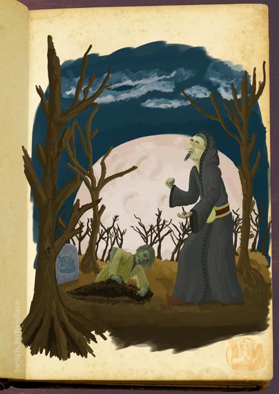 Digital hand drawing of a necromancer summoning a corpse from a graveyard. The full moon in the background and some scrawny trees cuts the light from the moon. 