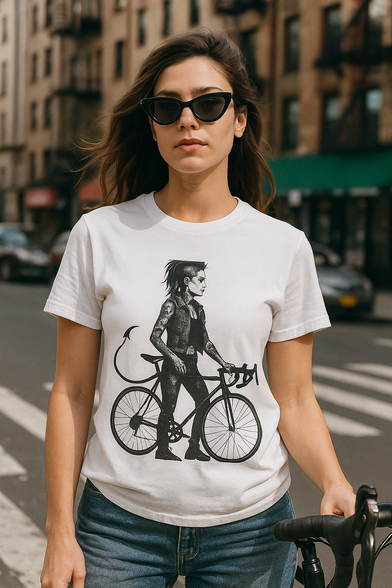 Mock-up photo of stylish T-shirt of a tattooed urban cyclist. Edgy details