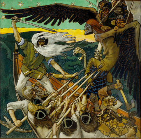 The original painting by Akseli Gallen-Kallela where Väinämöinen is defending the sampo from the witch Louhi by sword.