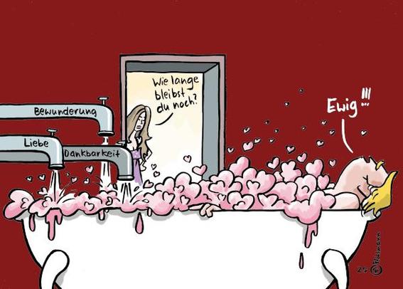 Trump nimmt genussvoll ein Vollbad. Die Blasen des Badeschaums sind herzförmig und rosa. Es fließt Wasser aus drei Hähnen in die Wanne, die beschriftet sind mit Liebe, Bewunderung und Dankbarkeit. Im Hintergrund fragt Trumps Frau Melania im Nachthemd: "Wie lange bleibst du noch?" Donald antwortet: "Ewig!!!"