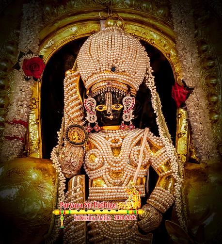 Closeup of idol of Hindu deity Krishna standing dressed in pearl "chain mail" (gold undergirding) and a matching dome-shaped crown, holding a similarly-clad staff in right hand. Krishna visible only above knee roll. Parts of a gilded cow and a gold arch visible behind Krishna. A string of white jasmine flowers around Krishna.