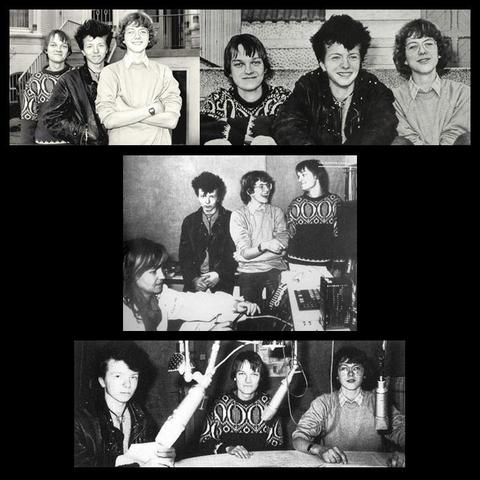 Vier Fotos von Oliver Rohrbeck, Jens Wawrczeck und Andreas Fröhlich vor und im Tonstudio EUROPA, Frühjahr 1981 oder früher - einmal zusammen mit Heikedine Körting (Quellen: "Die drei ??? - Die Original-Musik der Europa-Jugend-Serie" (LP), "Die EUROPA-Chronik", "EUROPA-Jugendkalender 1983")