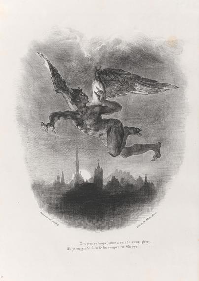Mephistopheles (aus Goethes Faust), ein nackter Teufel mit Engelsflügeln und einem verschmitzen Gesichtsausdruck, fliegt über eine nächtliche Stadt. 