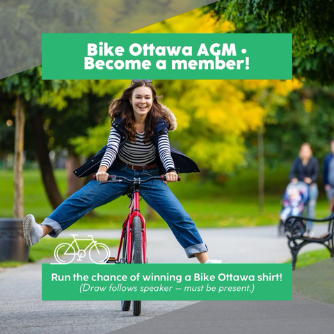 Poster enticing people to become members of Bike Ottawa and run the chance of winning a free t-shirt. A person on a bike is smiling and seemingly going weeeee!