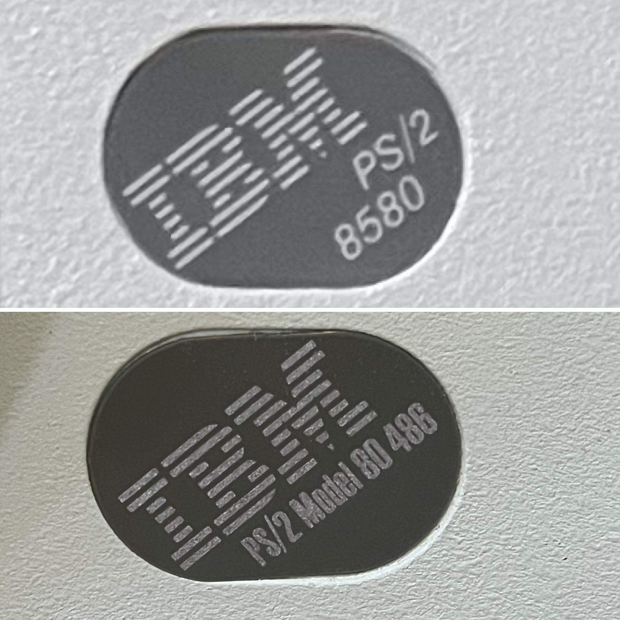 Composite of two IBM badges, top reads “PS/2 8580” and bottom reads “PS/2 Model 80 486”