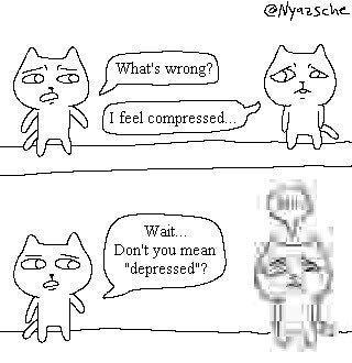 A two-panel, black and white pixel art comic featuring two cartoon cats.
Panel 1: The cat on the left asks, "What's wrong?". The cat on the right, looking sad, replies, "I feel compressed..."
Panel 2: The cat on the left asks, "Wait... Don't you mean 'depressed'?". The cat on the right is now a heavily pixelated and distorted image, visually representing digital compression. The artist's handle "@Nyazsche" is in the top right corner.
