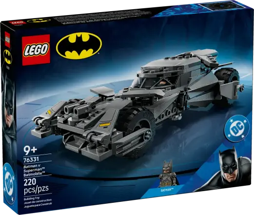 The box for the upcoming "Batman vs Superman" Batmobile release next year, showing the build and the Affleck Batman minifigure 
