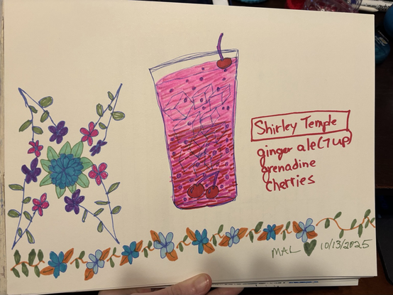 Sketch of Shirley temple drink (non-alcoholic), with ingredients listed. There are also sketches of several flowers 