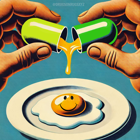 pill being cracked upen with a smiley face yolk flowting out