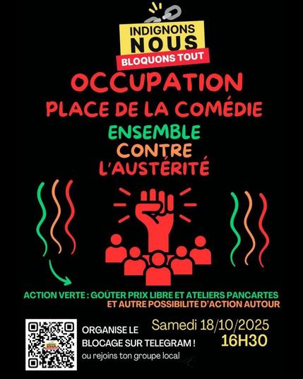 Visuel d'appel à l'occupation de la place de la comédie à Lyon 1.
RDV 18 octobre à 16h30
Action verte & orange