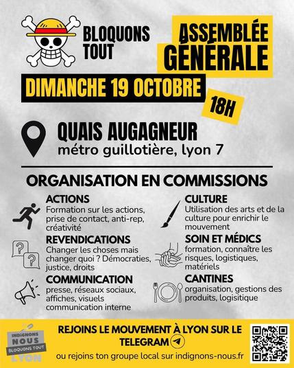 Visuel d'appel à l'AG dimanche 19 octobre à 18h00 quai augagneur (Guillotière)