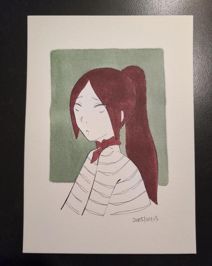 Traditional artwork inspired by Maelle from Clair Obscure. A girl with empty eyes and dark red hair bound back into a pony tail. she wears a red scarf and a striped shirt. the background is green.