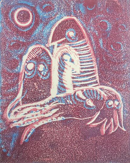 Gravure en bleu et rouge, quatre personnages (mettons, deux oiseaux en pull rayé et deux poulpes) sont rassemblés autour de Spaghetto-Bras, un poulpe étalé au sol les yeux clos. Tout le monde a l'air un peu flippé. Sauf le mort.