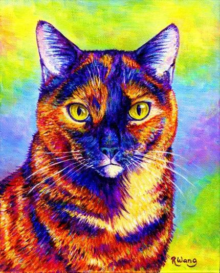 A colorful pet portrait painting of a tortoiseshell cat in bright rainbow colors.