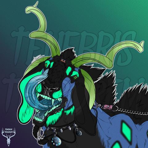 Drawing of a goat x wolf like creature licking its snout while grinning, wearing a collar with a leash being pulled.