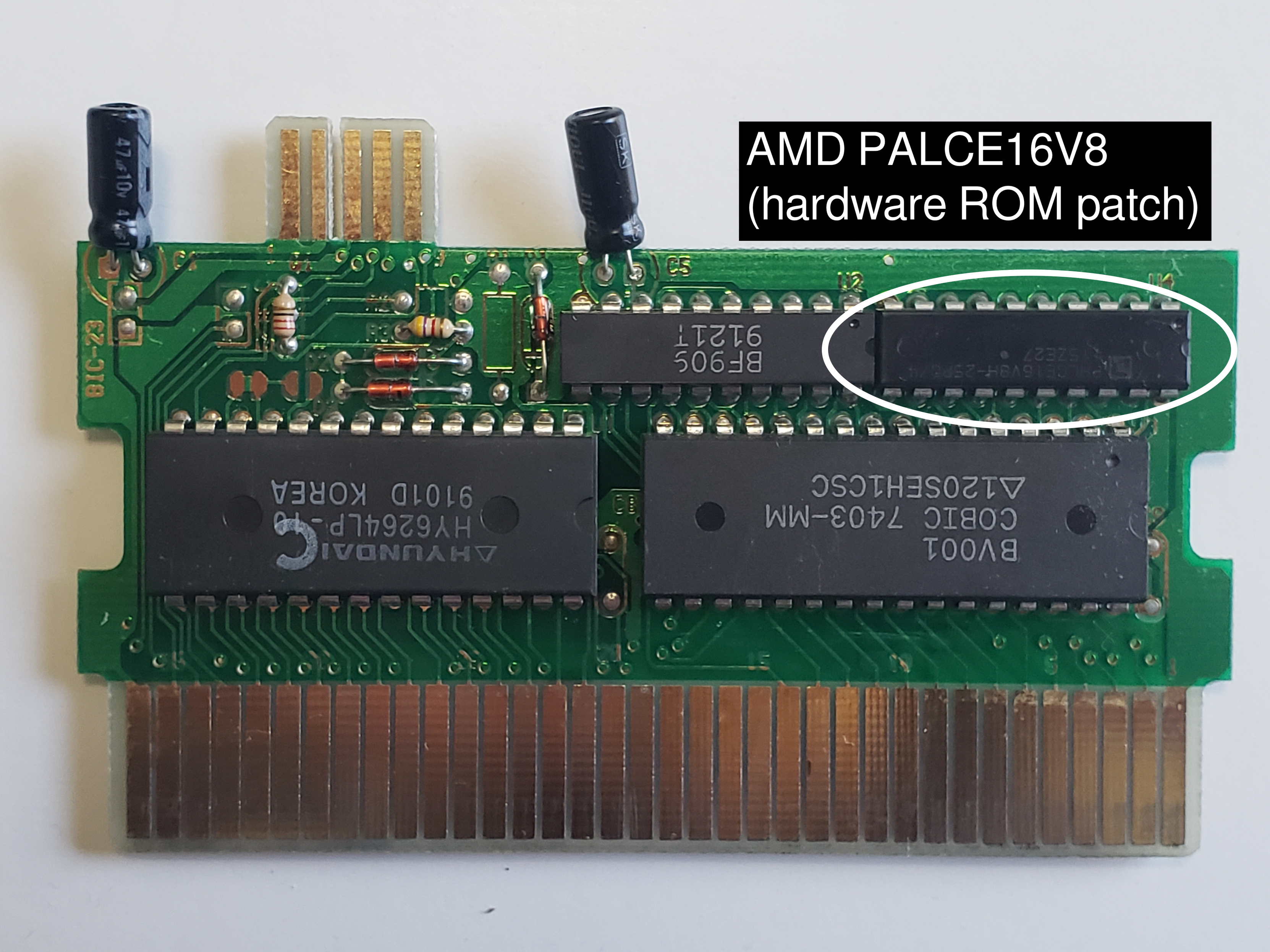 front view of a NES cartridge PCB, featuring ROM, RAM, and two logic chips