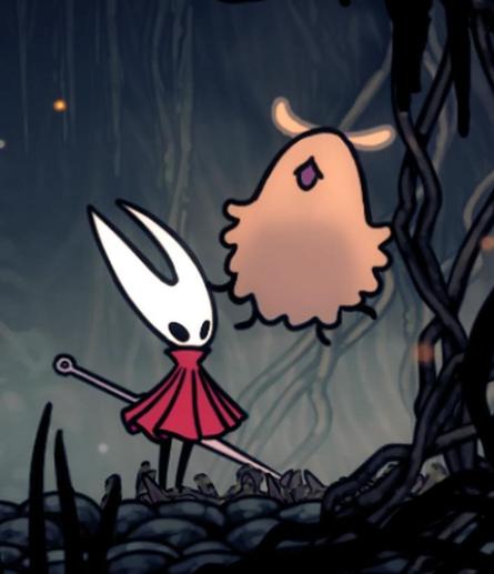 Humanoid black bug in a red dress holding a needle and wearing a white crescent shaped mask alongside a fuzzy light orange blob with an open mouth and antennae. On a dark background with tangled roots