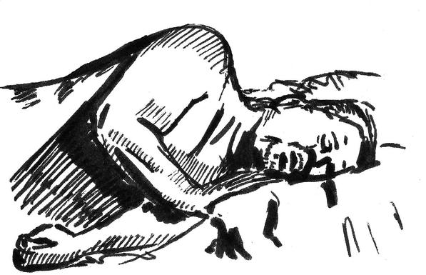 Hombre durmiendo sin camisa de contextura gruesa dibujado sobre fondo blanco con marcador negro en líneas expresivas. El personaje sólo se ve desde la cintura a la cabeza y recostado sobre una cama.