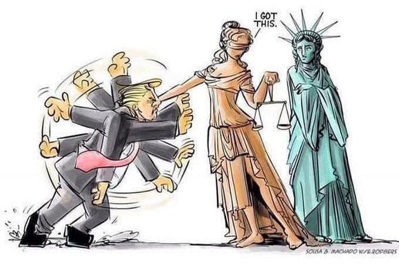 Political cartoon featuring three symbolic figures. On the left, a caricature of Donald Trump with multiple arms lunges aggressively. In the center, Lady Justice stands blindfolded, holding scales in one hand and stopping Trump with the other. A speech bubble above her reads, “I GOT THIS.” On the right, the Statue of Liberty observes calmly. The image represents justice intervening to uphold democracy against authoritarian threats.