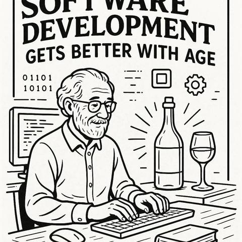 Black and white line art drawing of an aging, purported software developer typing away on his keyboard. Besides his work desk is a bottle and glass of wine alluding to things that improve with age. A legend read in large letters "Software development gets better with Age." Image design and execution by ChatGPT 4o.