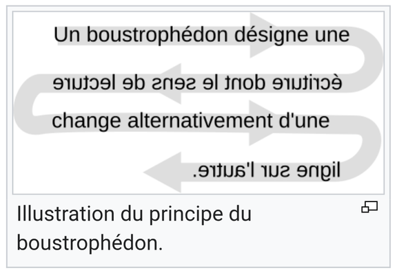 Le boustrophédon est une écriture dont le sens alterne d'une ligne à l'autre.