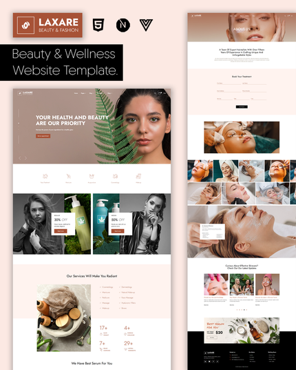 “Laxare – Elegant Beauty & Spa template by Wooprex, responsive, SEO-friendly, for salons, spas, and wellness websites.”