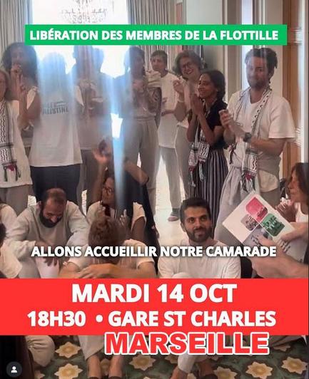 photos des libérés de la flotille en jordanie + texte :
liberation des membres de la flotille
allons accueillir notre camarade
mardi 14 octobre 18h30 gare st charles marseille