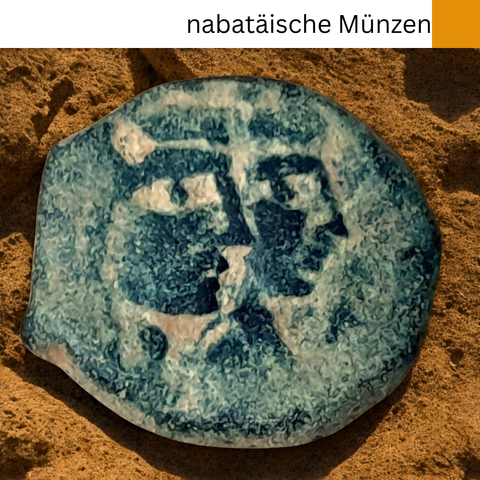 Das Bild zeigt eine nabatäische Münze, die auf Sand liegt. Die Münze ist bläulich-weiß und trägt das Abbild von zwei Gesichtern im Profil. Der Sand ist hellbraun. 