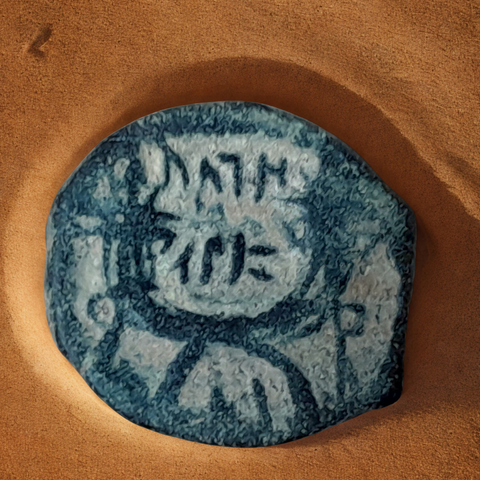Das Bild zeigt eine Münze, die im Sand liegt. Auf dieser sind Inschriften und Symbole zu erkennen. Der Sand hat eine warme, bräunliche Farbe.