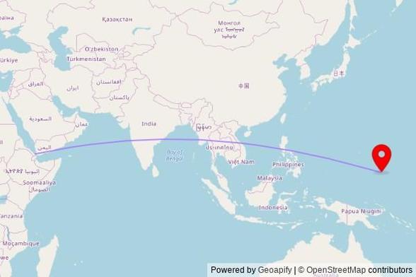 A map showing the great circle route from Assab in Eritrea to a map pin at Saint Elizabeth Church, Fefan Main Road, FM, United States of America