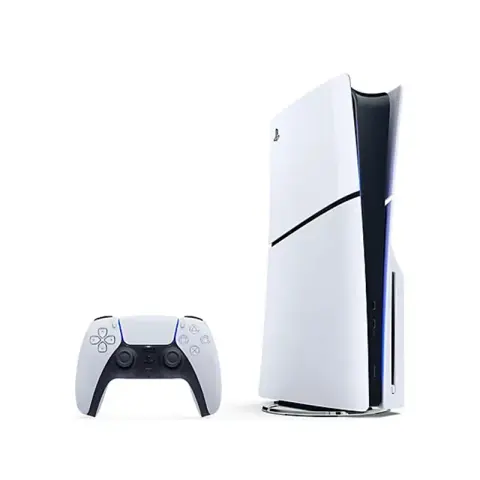 Console Sony PlayStation 5 Slim noir et blanc posée verticalement avec manette DualSense et fond lumineux futuriste bleu et blanc.