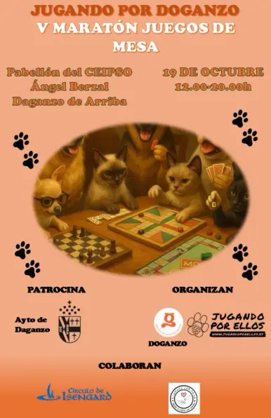 Cartel de las jornadas Jugando por Doganzo con una imagen donde unos gatos y perros juegan a juegos de mesa. Indica que tendrán lugar el día 19 de Octubre de 12:00-20:00 horas en el Pabellón del CEIPSO Ángel Berzal de Daganzo de Arriba (Madrid).