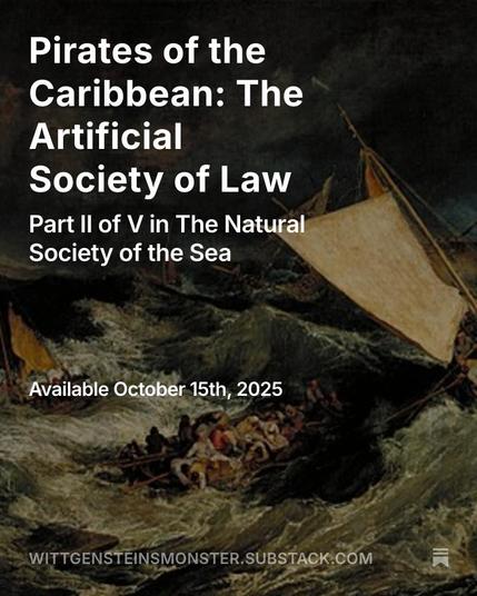 A storm-tossed ship struggles against the sea, from J. M. W. Turner’s The Shipwreck, overlaid with the title Pirates of the Caribbean: The Artificial Society of Law.