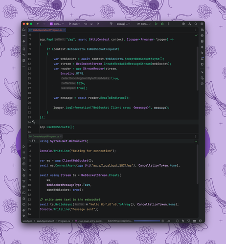 Examples of using WebSocketStream from dotnet 10