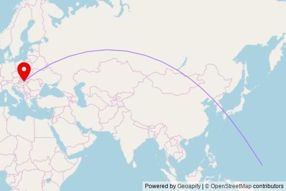 A map showing the great circle route from Chuuk in Micronesia to a map pin at Református templom, Ócsa, Dr. Békési Panyik Andor utca 9, 2364, Hungary