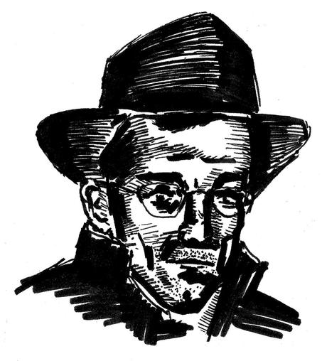Dibujo en marcador negro, sobre fondo blanco de trazos expresivos del rostro de un hombre de entre 40-50 años, delgado, con barba de 3 dias, vestido con gabardina, gafas y sombrero del que sólo vemos una fracción desde los hombros hasta la punta del sombrero.