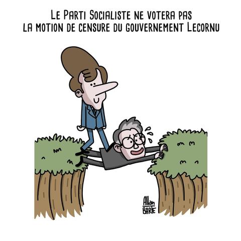 Dessin d'Allan BARTE.
Titre :  Le Parti socialiste ne votera pas la motion de censure du gouvernement Lecornu

Emmanuel Macron traverse un gouffre en marchant calmement, sourire aux lèvres, sur le dos d’Olivier Faure, transpirant et crispé, qui fait le pont entre deux falaises recouvertes d’herbe.
