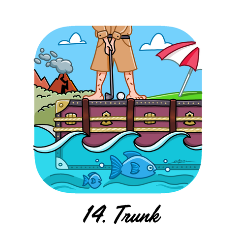Illustration of a man playing golf on stop of a large steamer trunk floating in the ocean. There are fish in the water and a large, menacing volcano in the background with an odd, crooked path leading up the face.