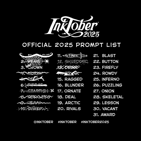 The official Inktober 2025 prompt list with Day 14: Trunk crossed off by a strange, crooked line.