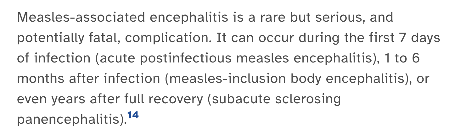 Measles-associated encephalitis is a rare but serious, and potentially fatal, complication. It can occur during the first 7 days of infection (acute postinfectious measles encephalitis), 1 to 6 months after infection (measles-inclusion body encephalitis), or even years after full recovery (subacute sclerosing panencephalitis).